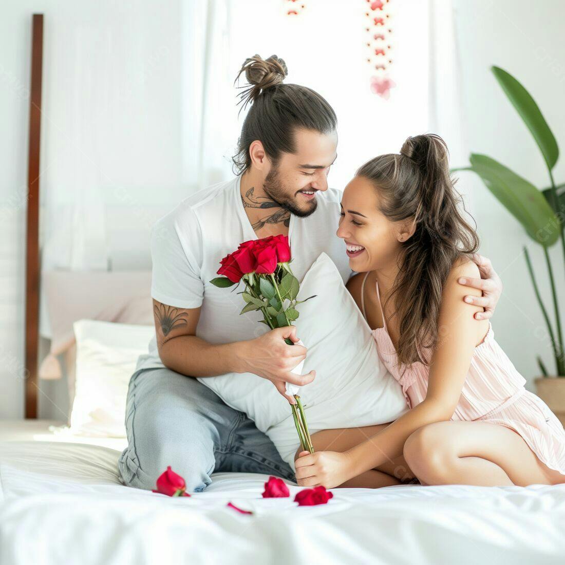 Casal apaixonado com rosas vermelhas na cama