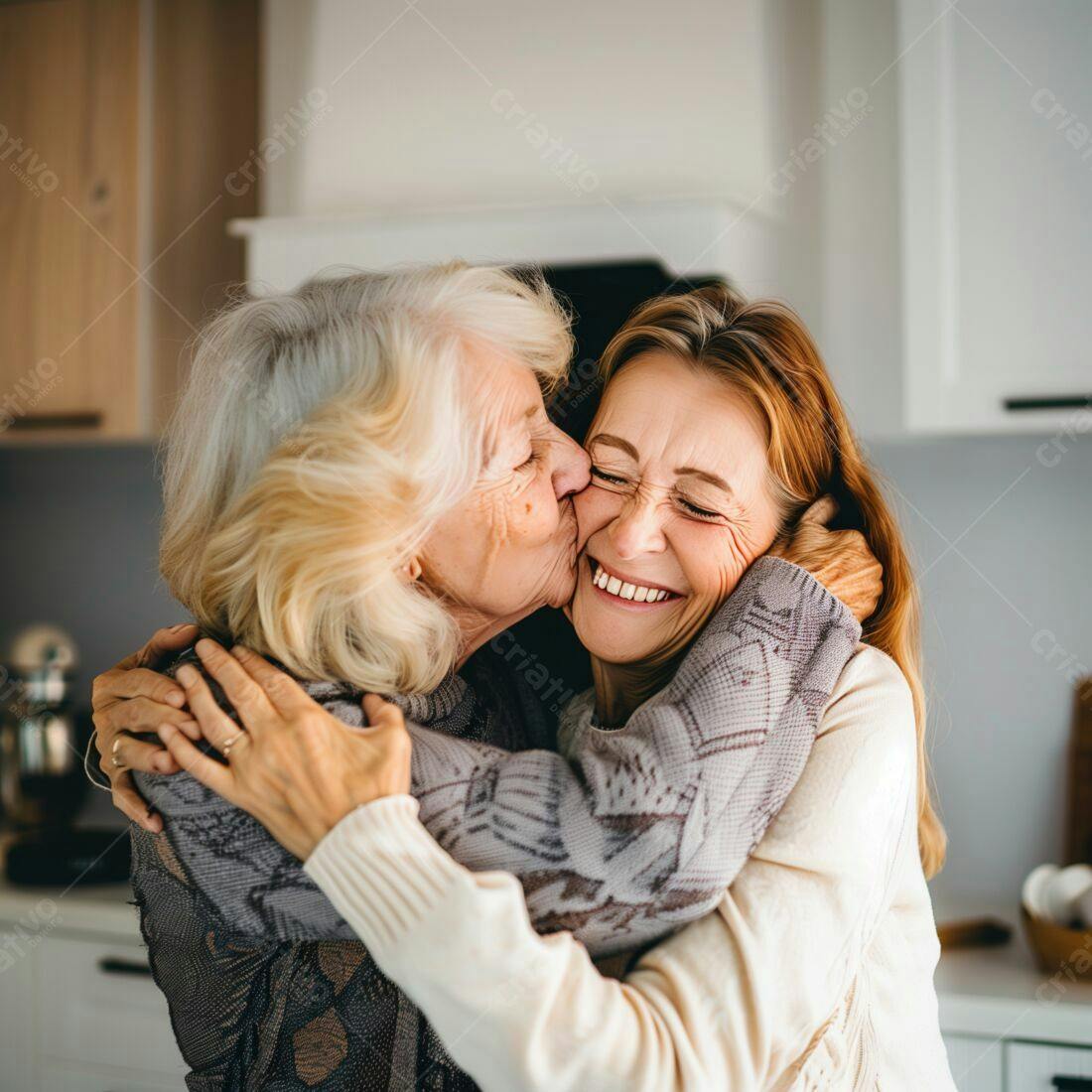 Mãe e filha se abraçando em cozinha aconchegante