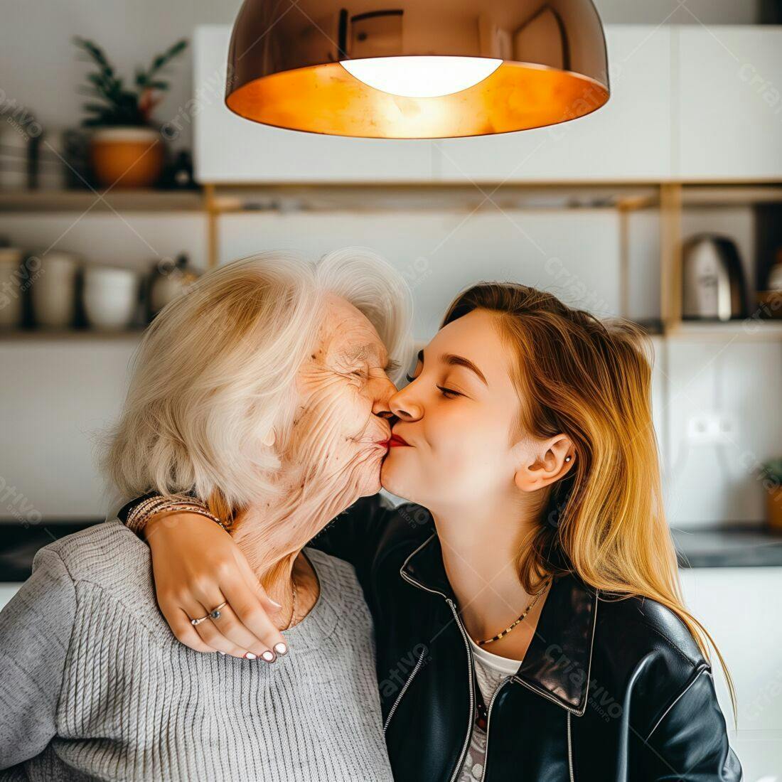 Avó e neta se beijando na cozinha