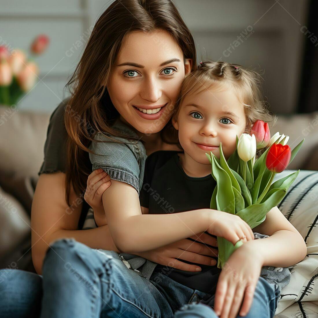 Mãe e filha sorrindo com tulipas