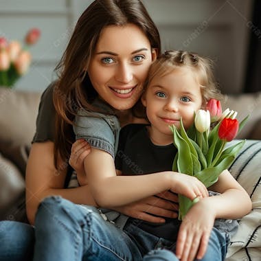 Mãe com a sua filha segurando flores nas mãos