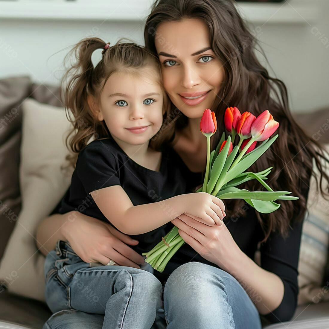 Mãe e filha com tulipas vermelhas