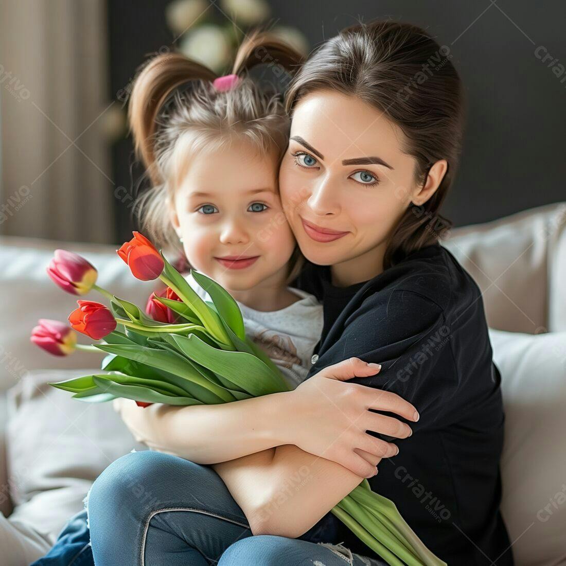 Mãe e filha abraçadas com tulipas vermelhas