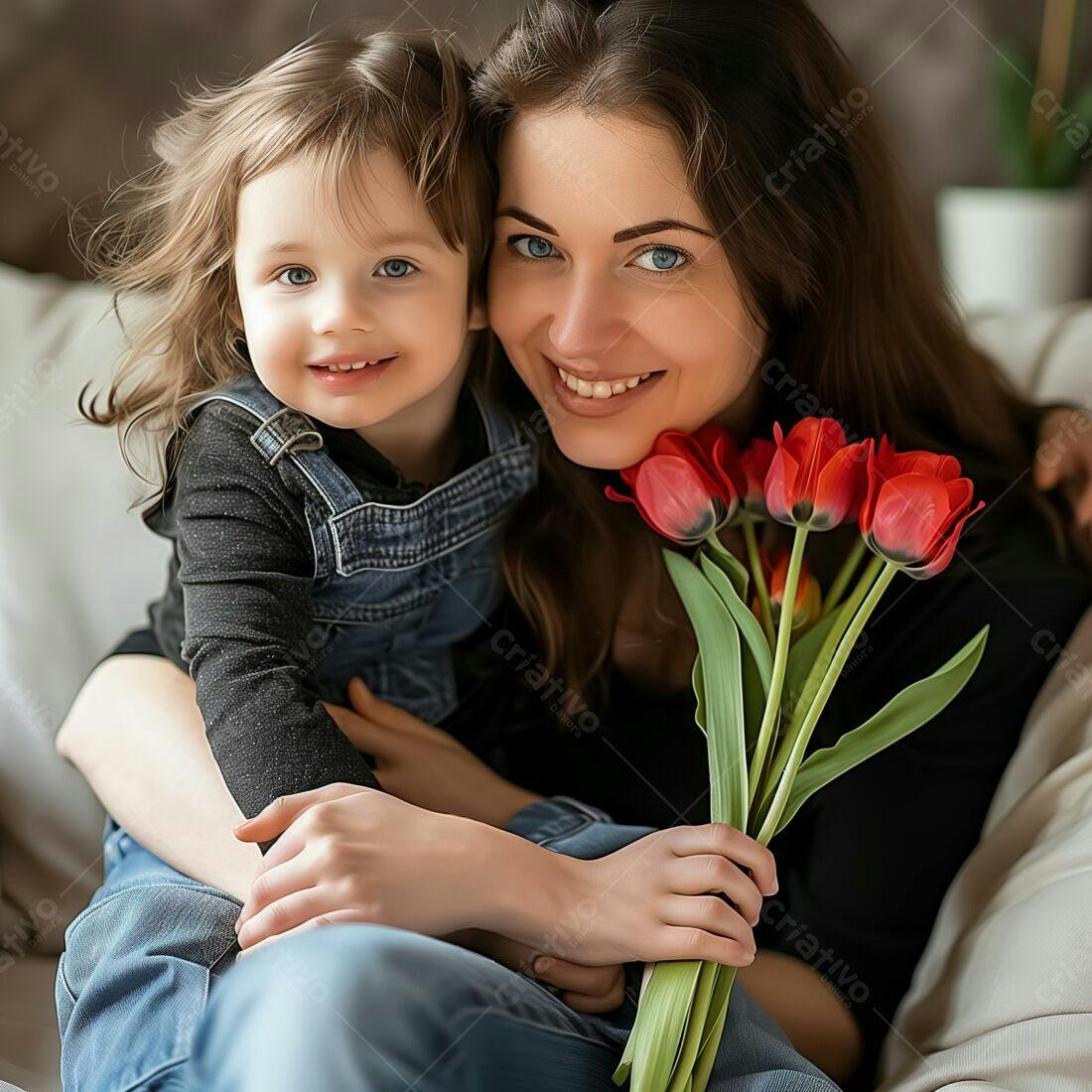 Mãe e filha sorrindo com tulipas vermelhas