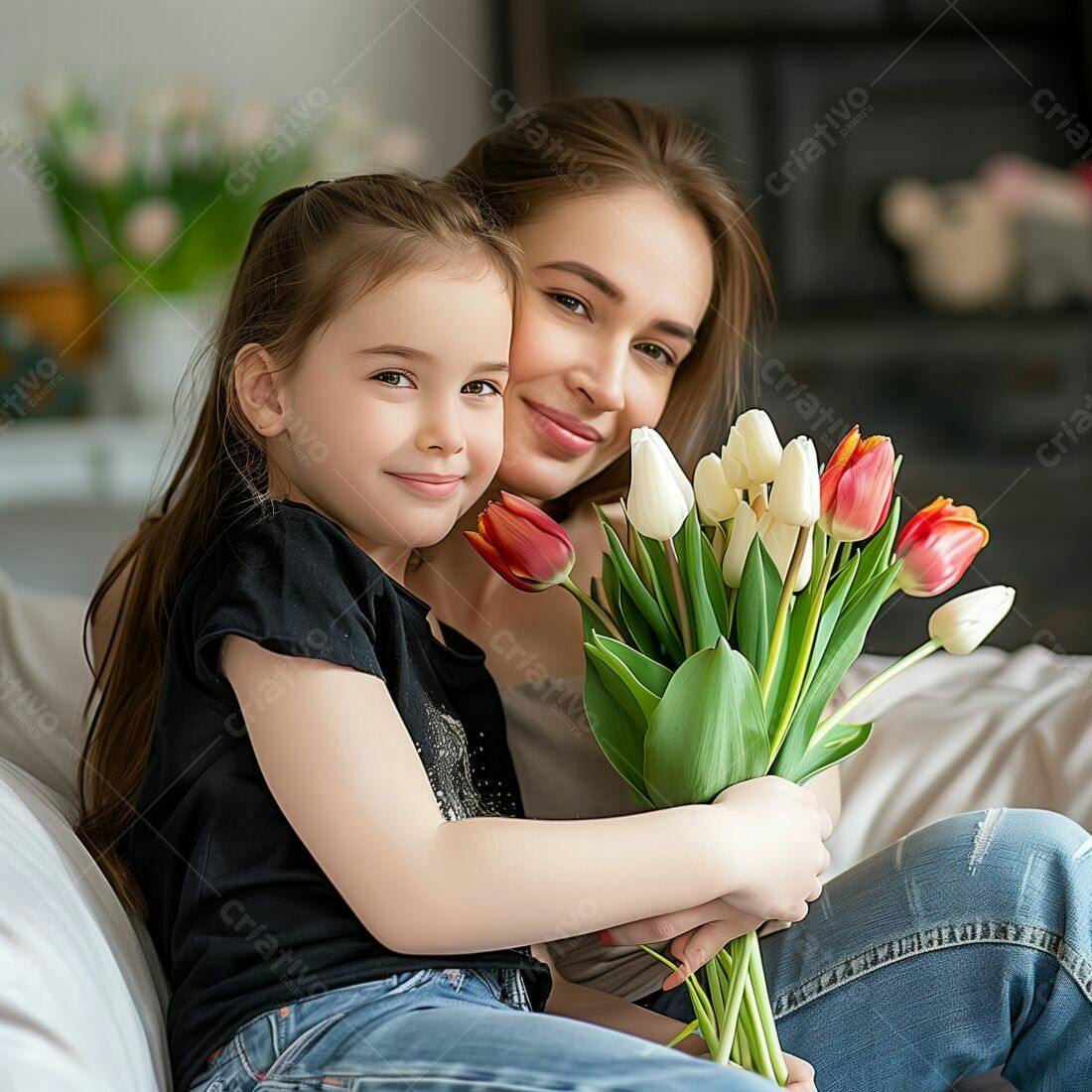 Mãe e filha com tulipas coloridas