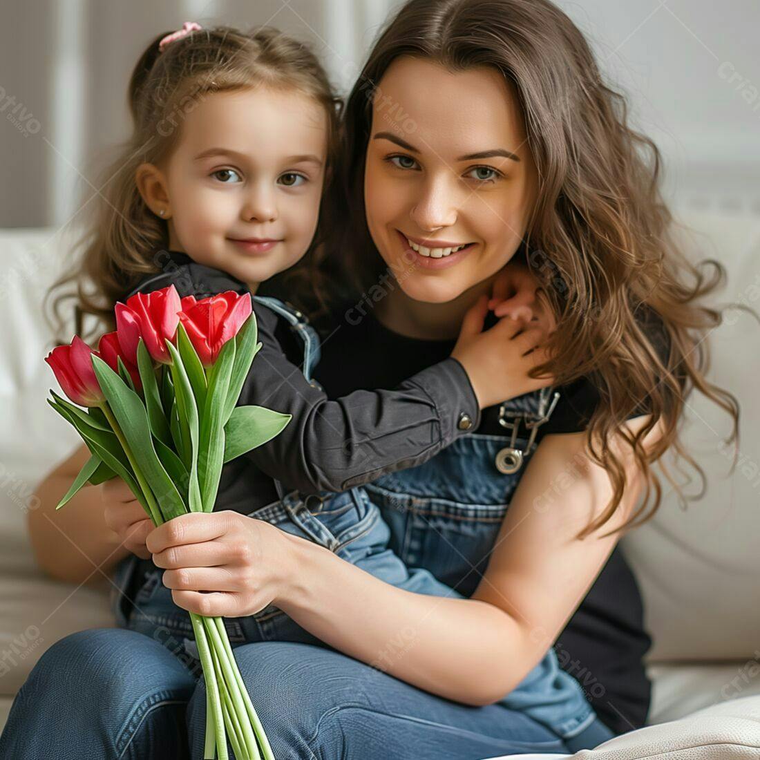 Mãe e filha com tulipas vermelhas