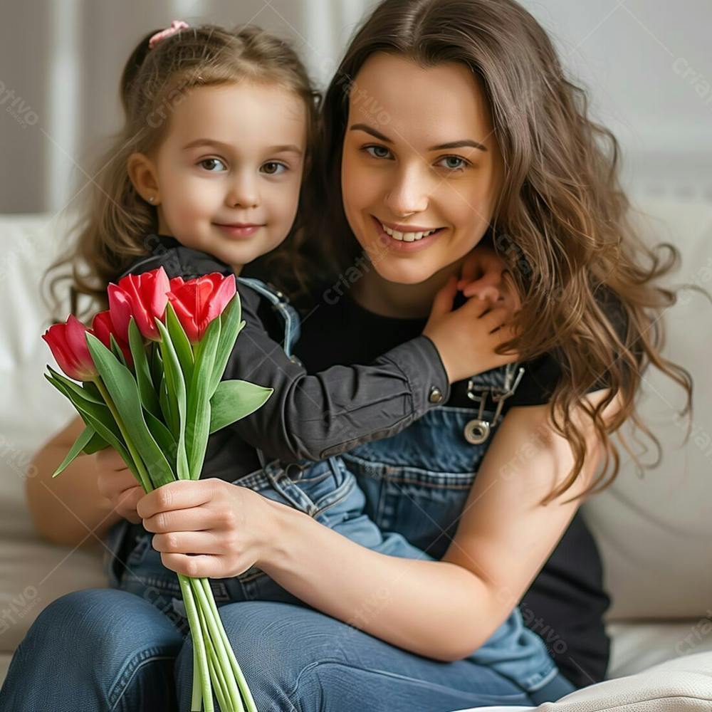 Mãe Com A Sua Filha Segurando Um Buque De Flores