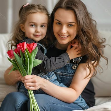 Mãe com a sua filha segurando um buque de flores