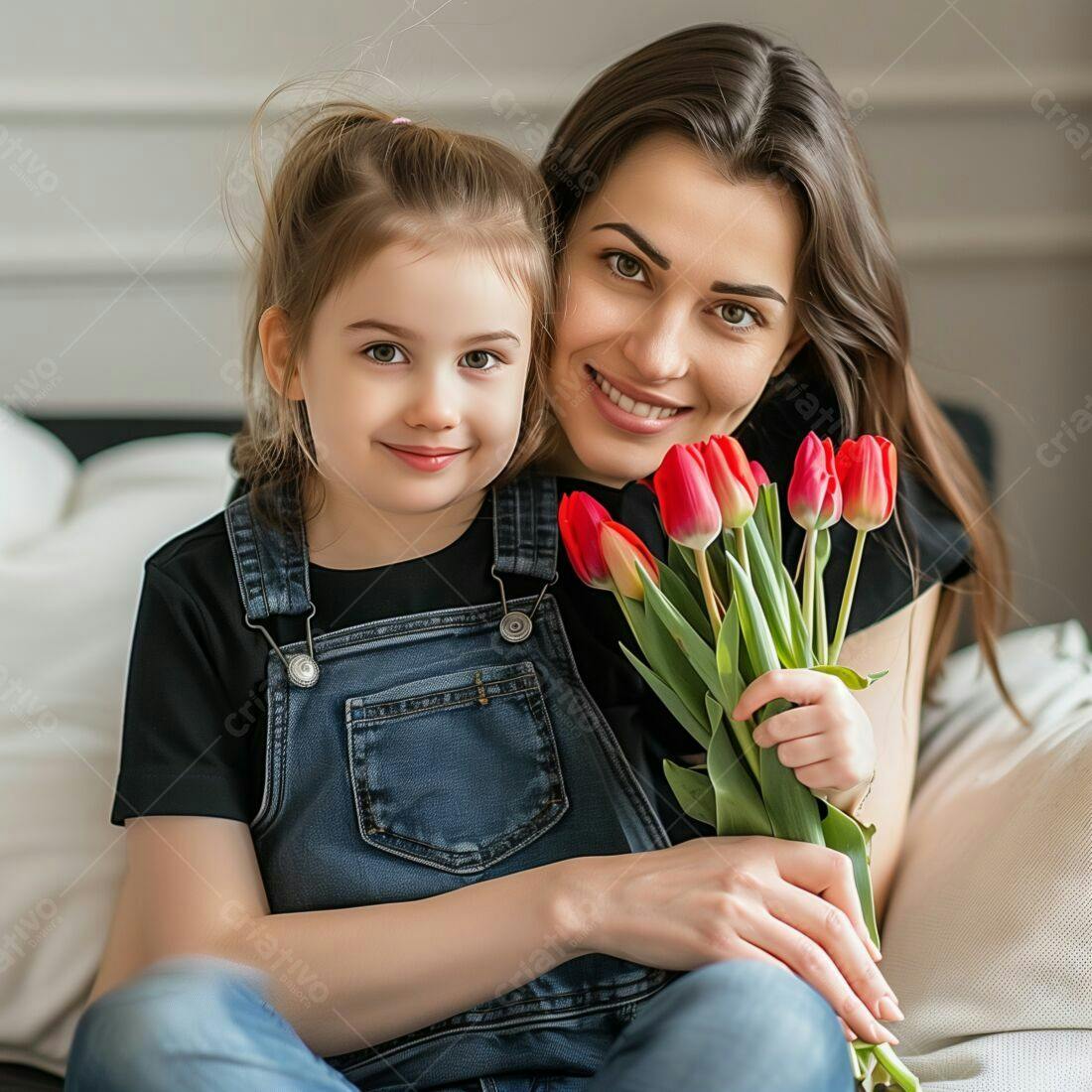 Mãe e filha com tulipas vermelhas
