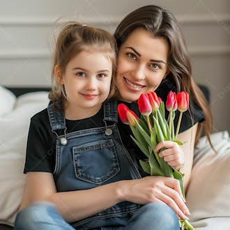 Mãe com a sua filha segurando um buque de flores