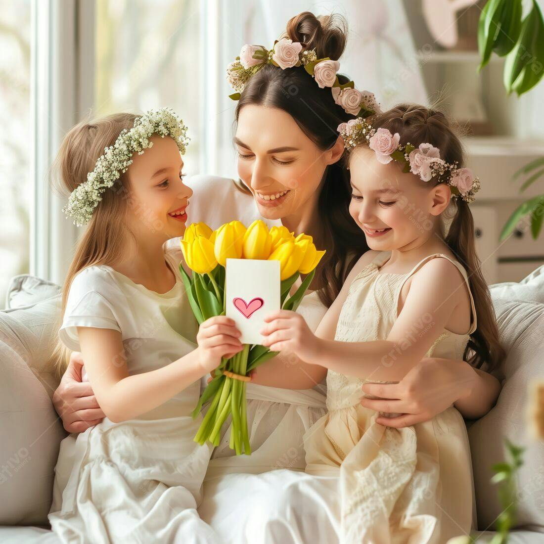 Mãe e filhas com flores e cartão Dia das Mães