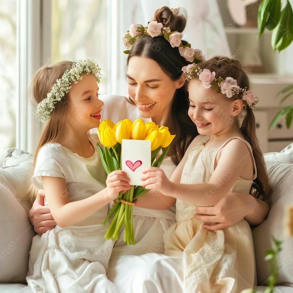 Mãe E E Filha Segurando Um Buque De Rosas