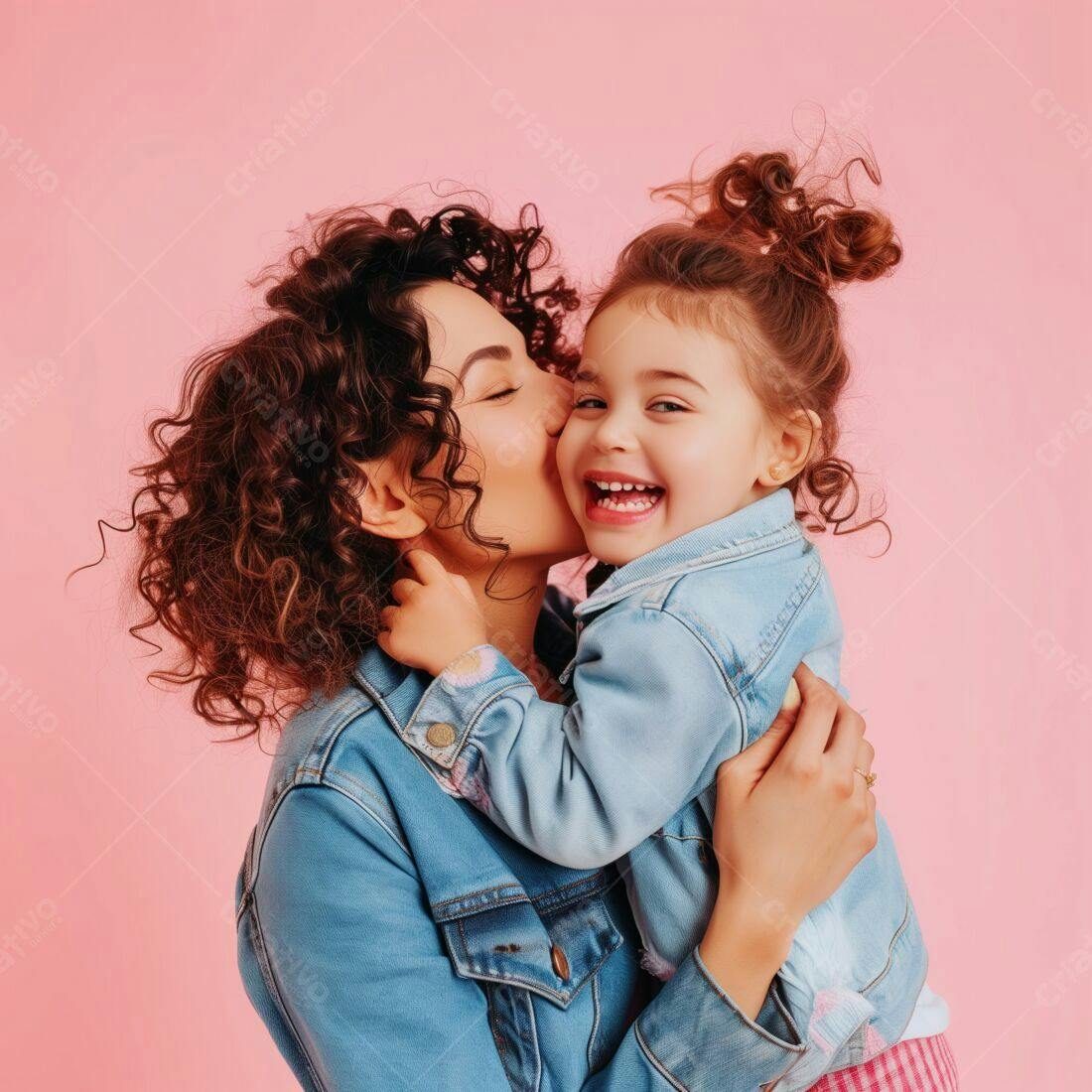 Mãe beijando filha alegre fundo rosa