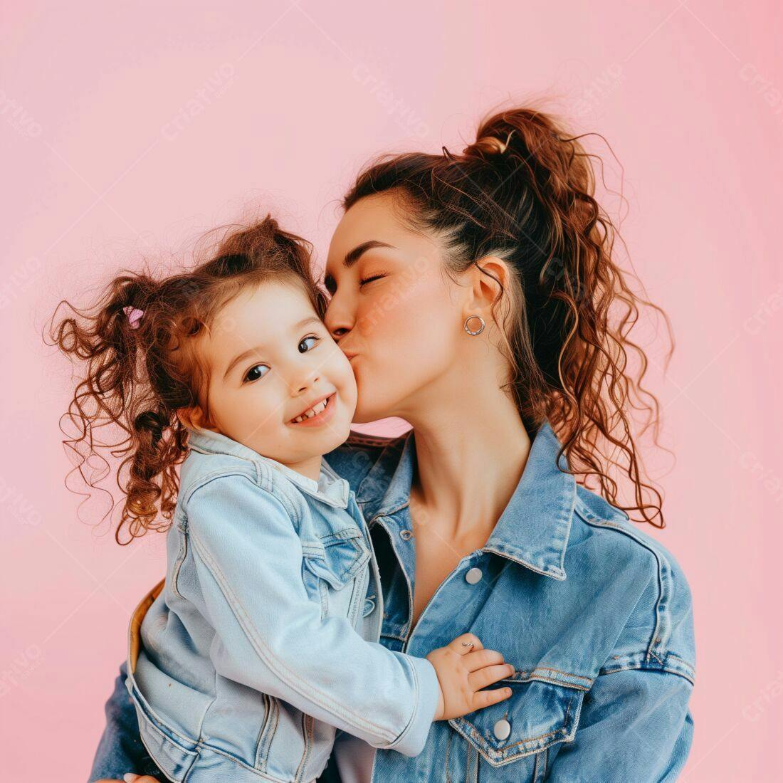 Mãe beijando filha pequena fundo rosa