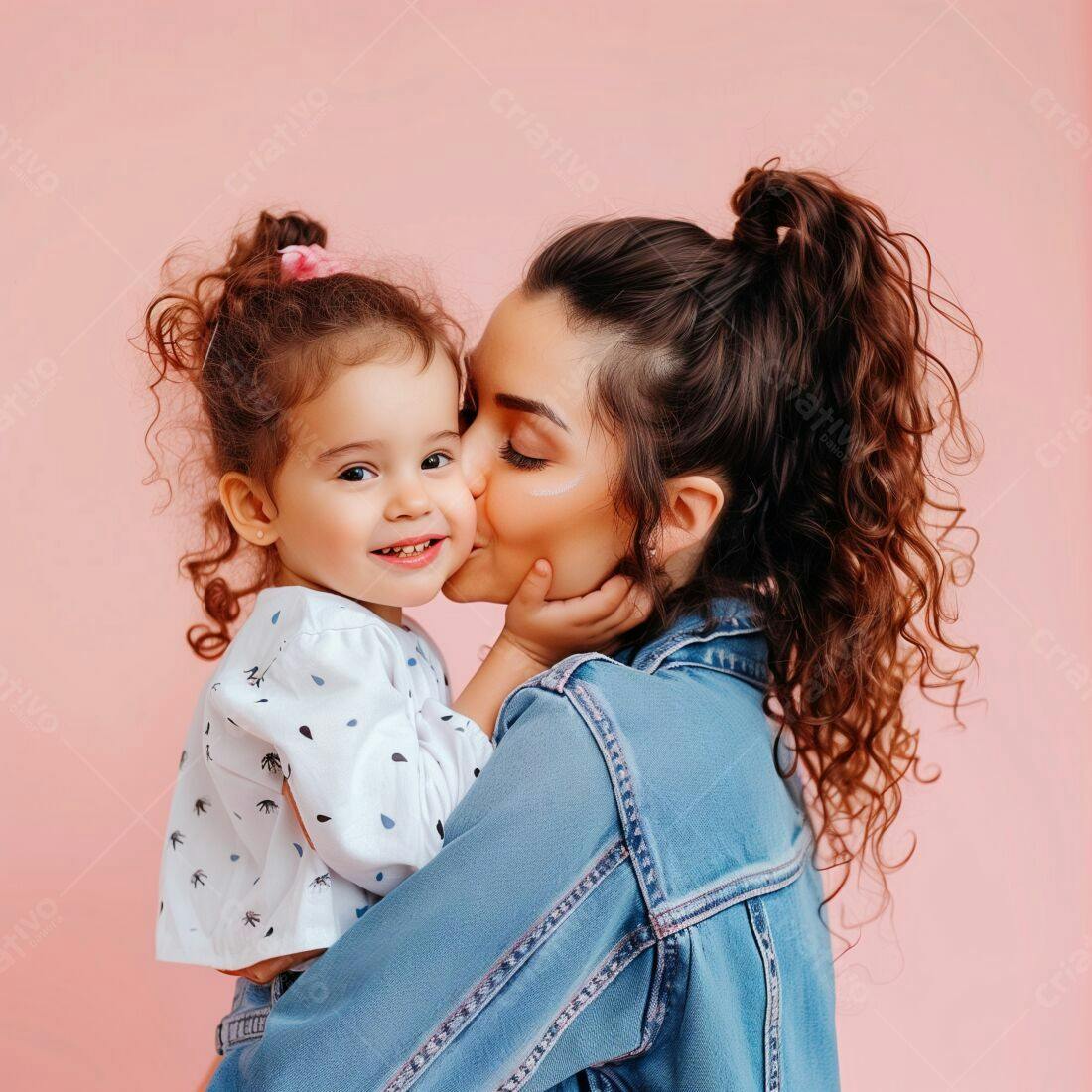Mãe beijando filha pequena fundo rosa