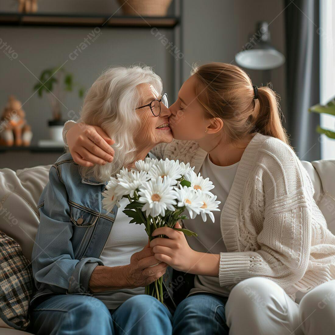Neta beijando avó com flores