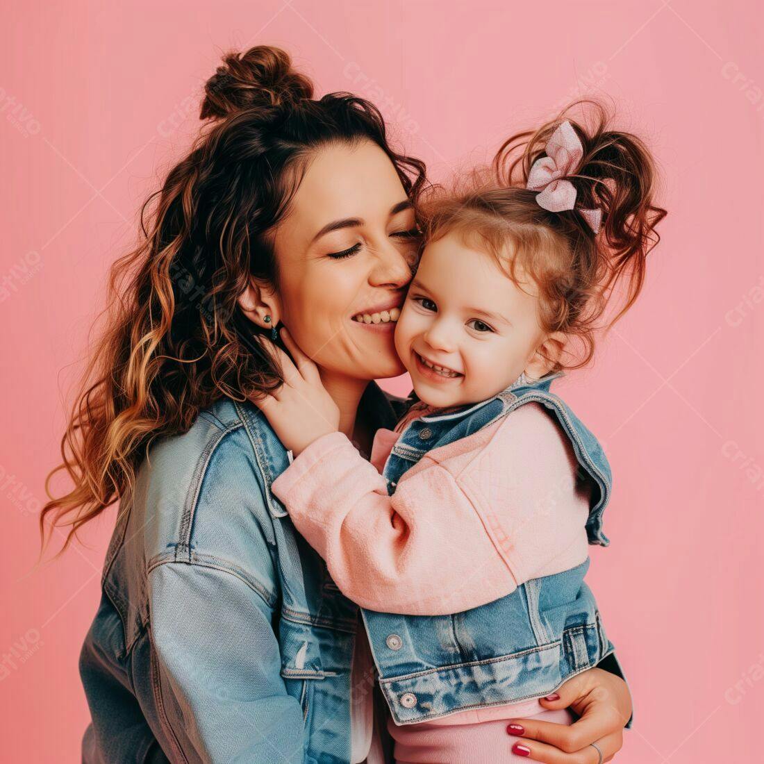 Mãe e filha abraçadas fundo rosa