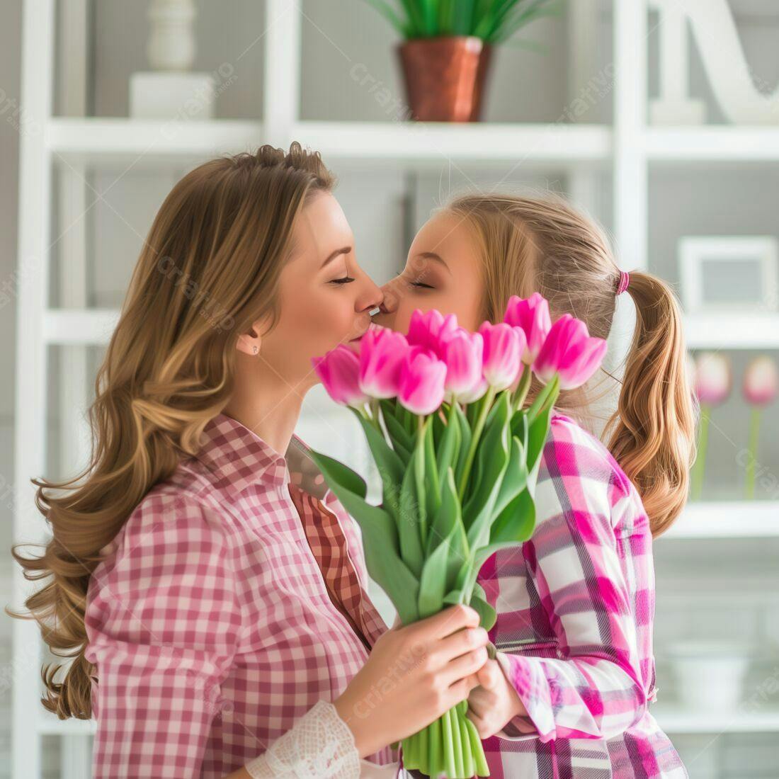 Mãe e filha se beijando com tulipas rosa