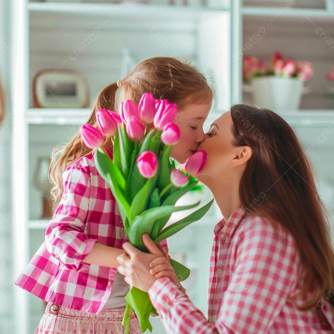 Menina dando flores para sua mãe