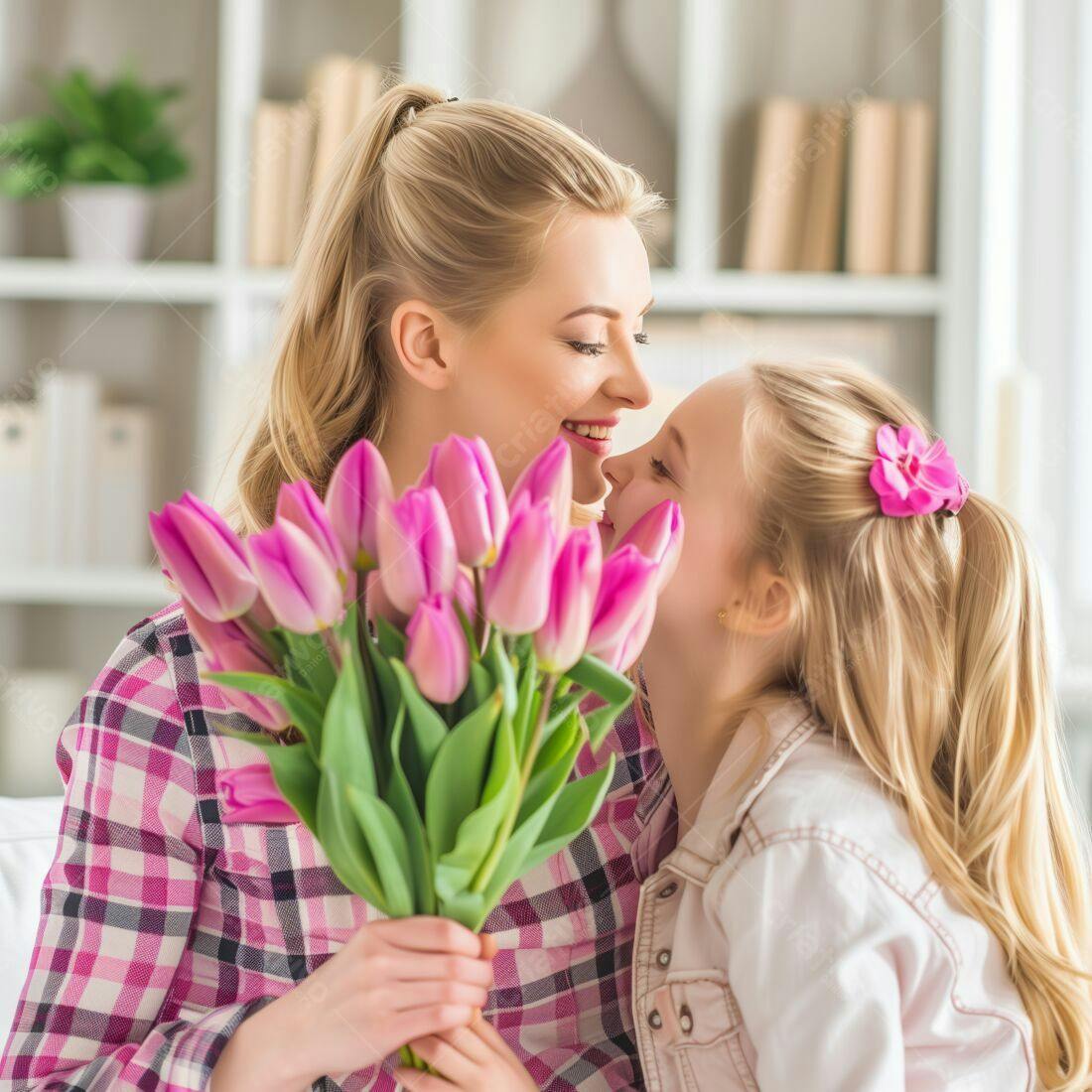 Mãe e filha com tulipas rosas