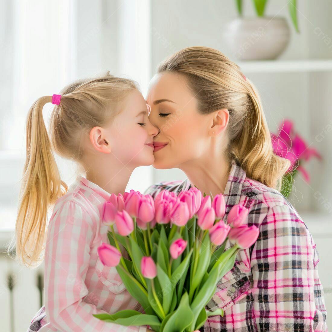 Mãe e filha se beijando com tulipas rosa