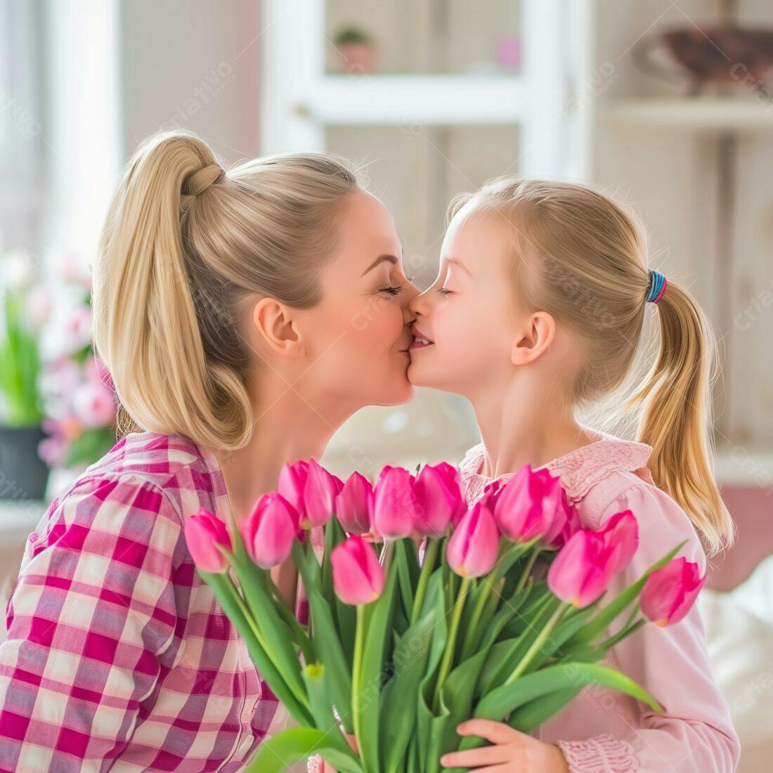 Mãe e filha se beijando com tulipas rosas