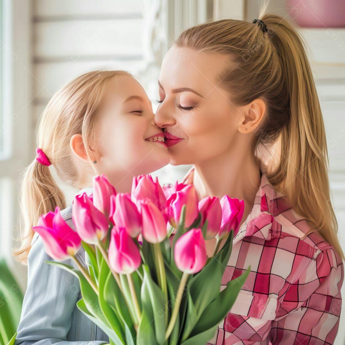 Mãe e filha se beijando com tulipas rosa