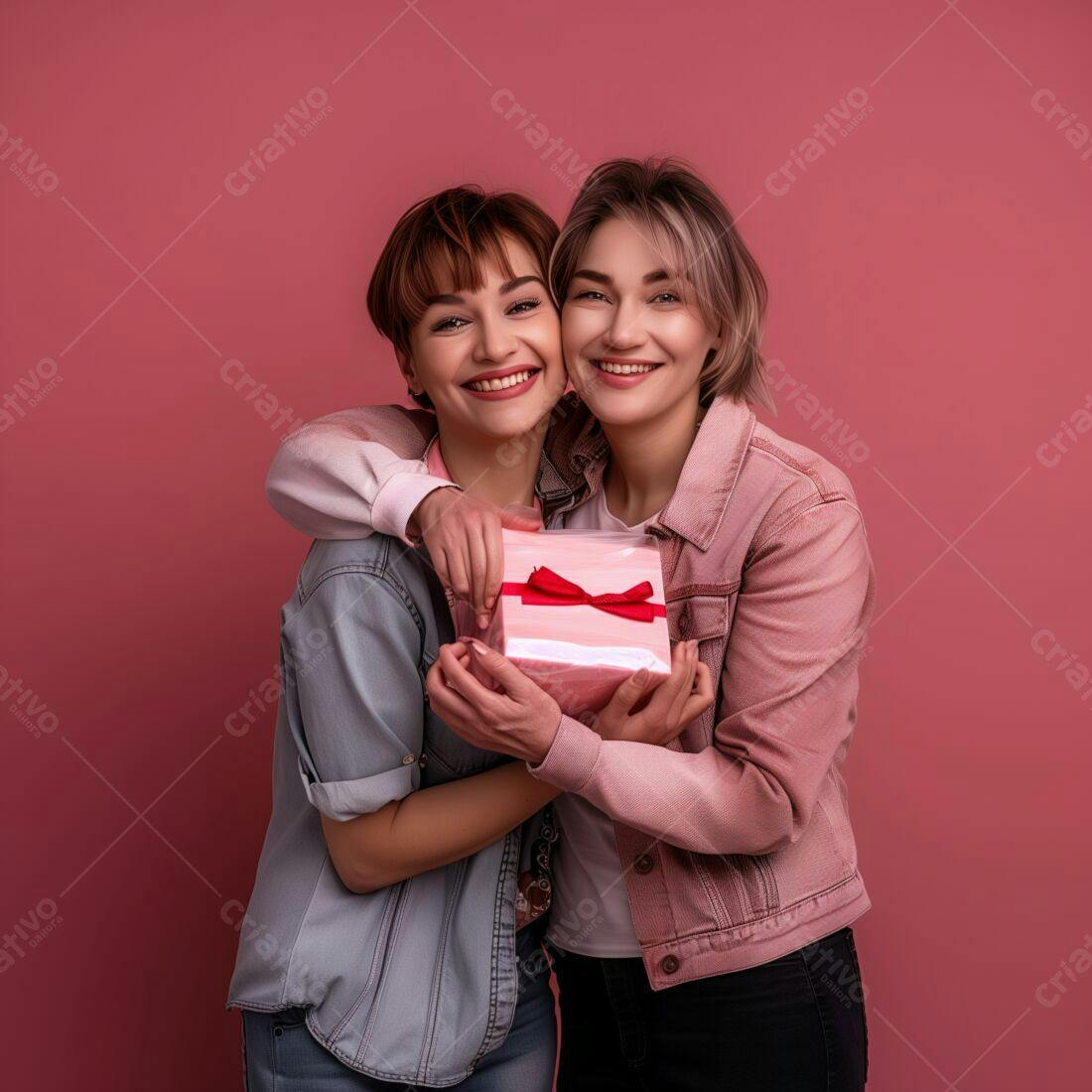 Amigas sorrindo com presente rosa
