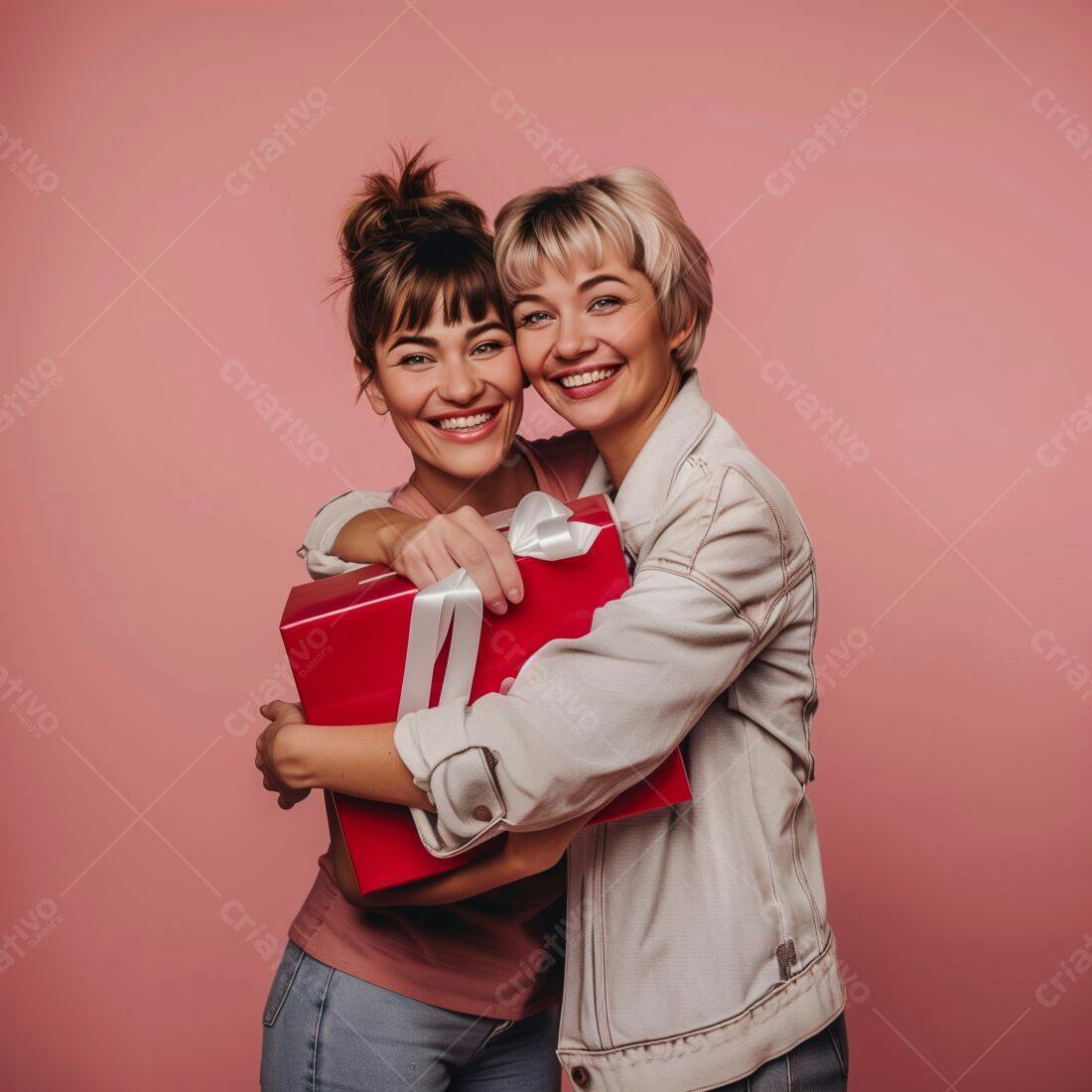 Amigas abraçando com presente vermelho