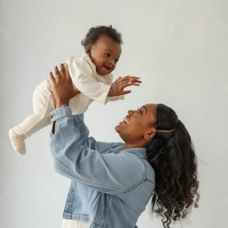 Mulher negra segurando filha no alto