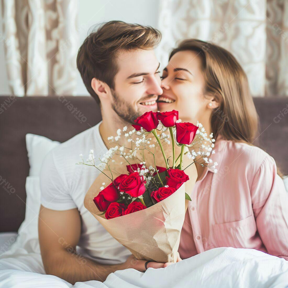 Casal apaixonado com rosas vermelhas na cama