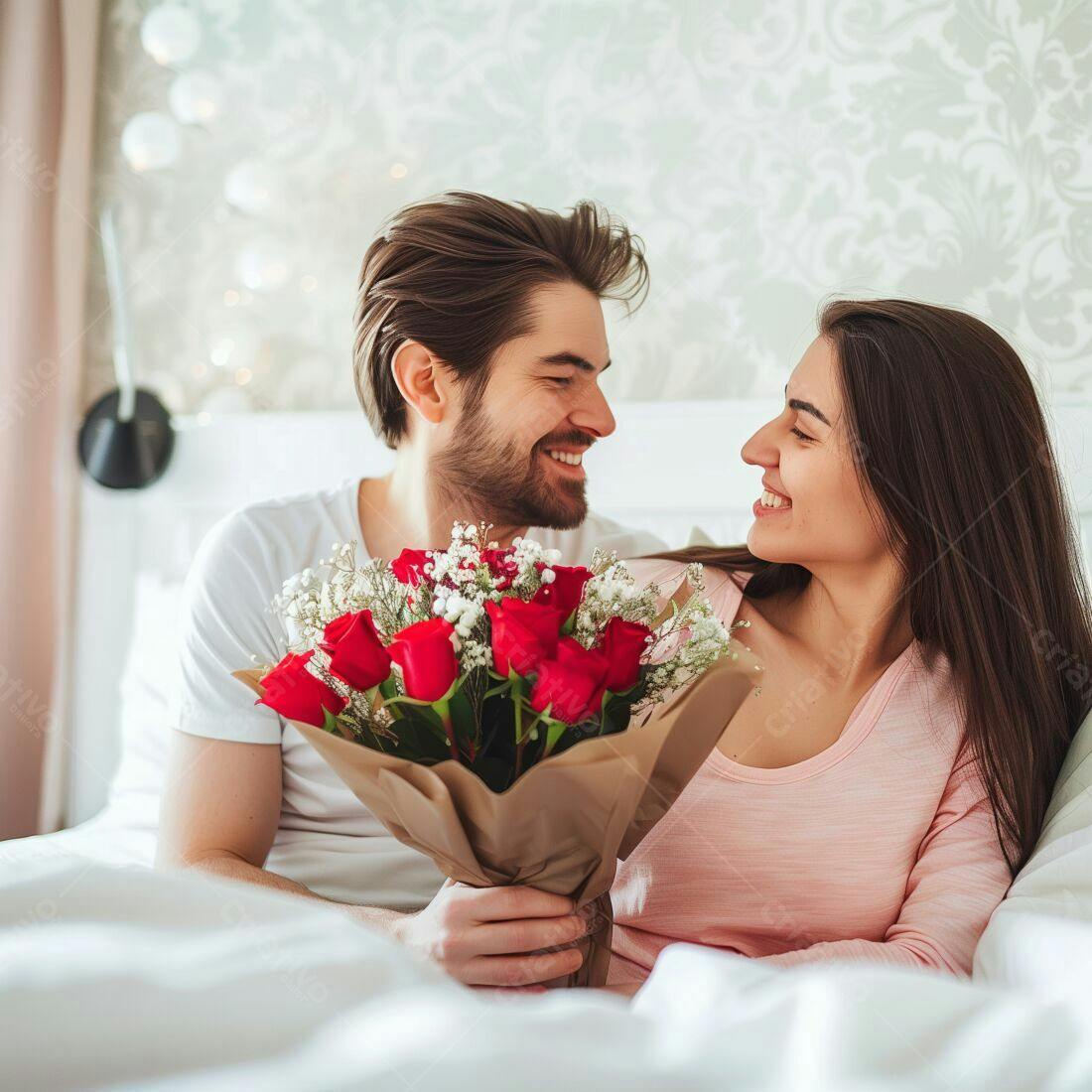 Casal apaixonado na cama com rosas vermelhas