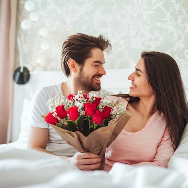 Homem e mulher casal segurando um buque de flores