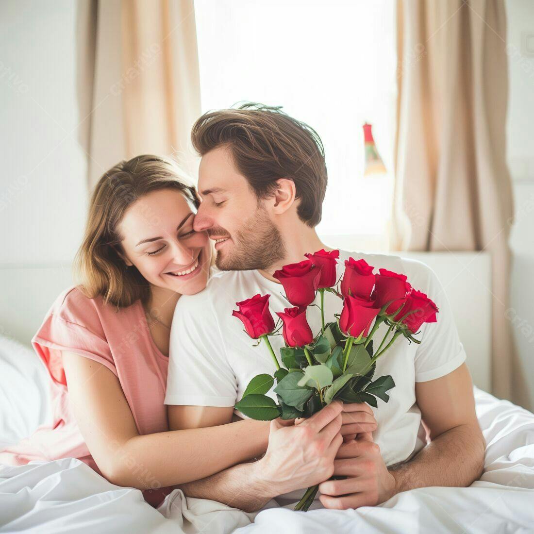 Casal apaixonado com rosas vermelhas na cama