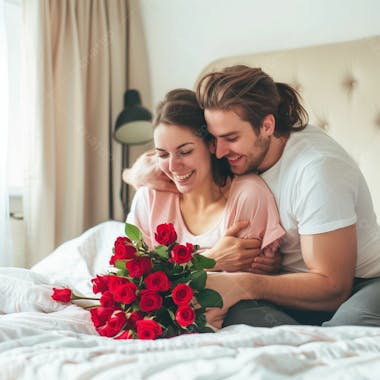 Homem e mulher casal segurando um buque de flores