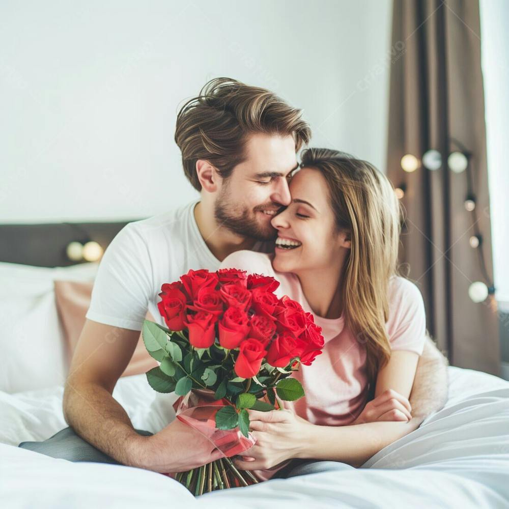 Homem E Mulher Casal Segurando Um Buque De Flores