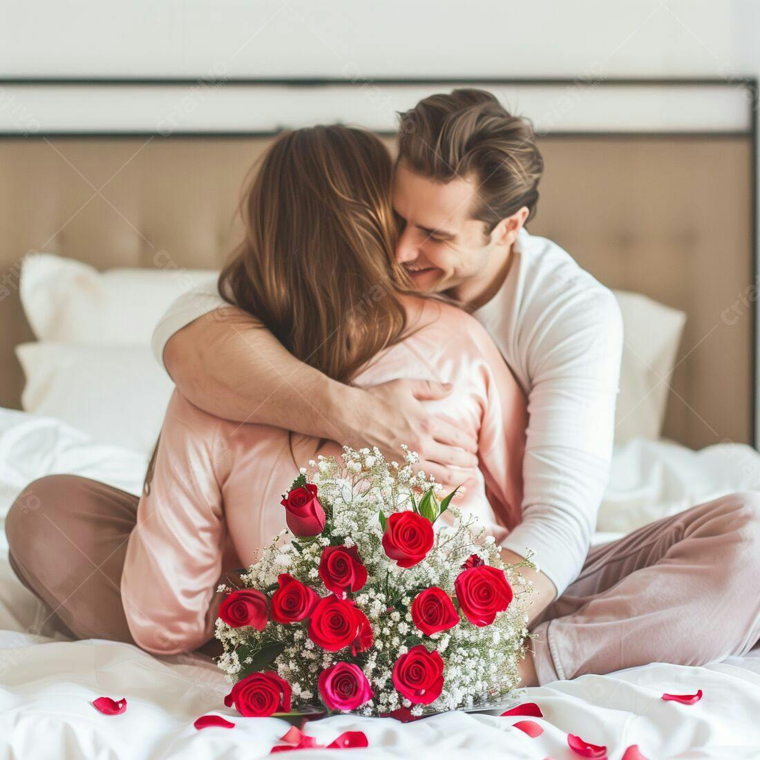 Casal abraçado com rosas vermelhas na cama