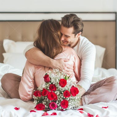 Homem e mulher casal segurando um buque de flores