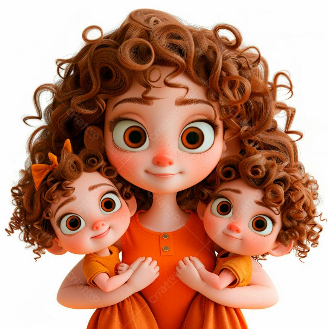 Mãe e filhas gêmeas em tons laranja