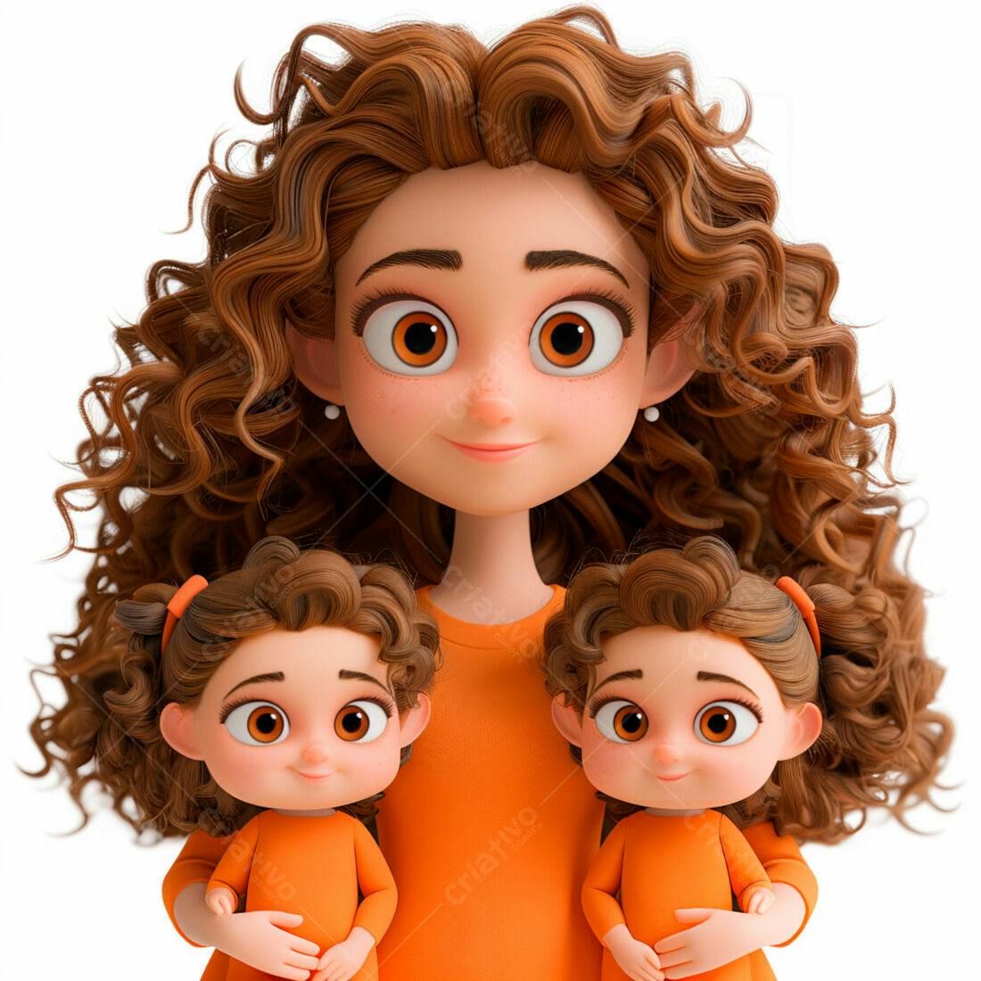 Mãe e gêmeas em tons de laranja