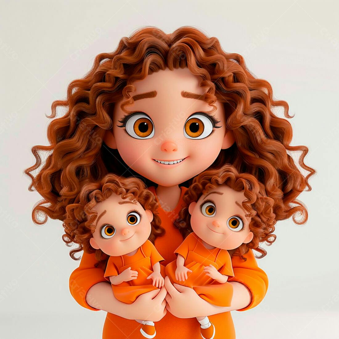 Mãe e gêmeas em tons laranja