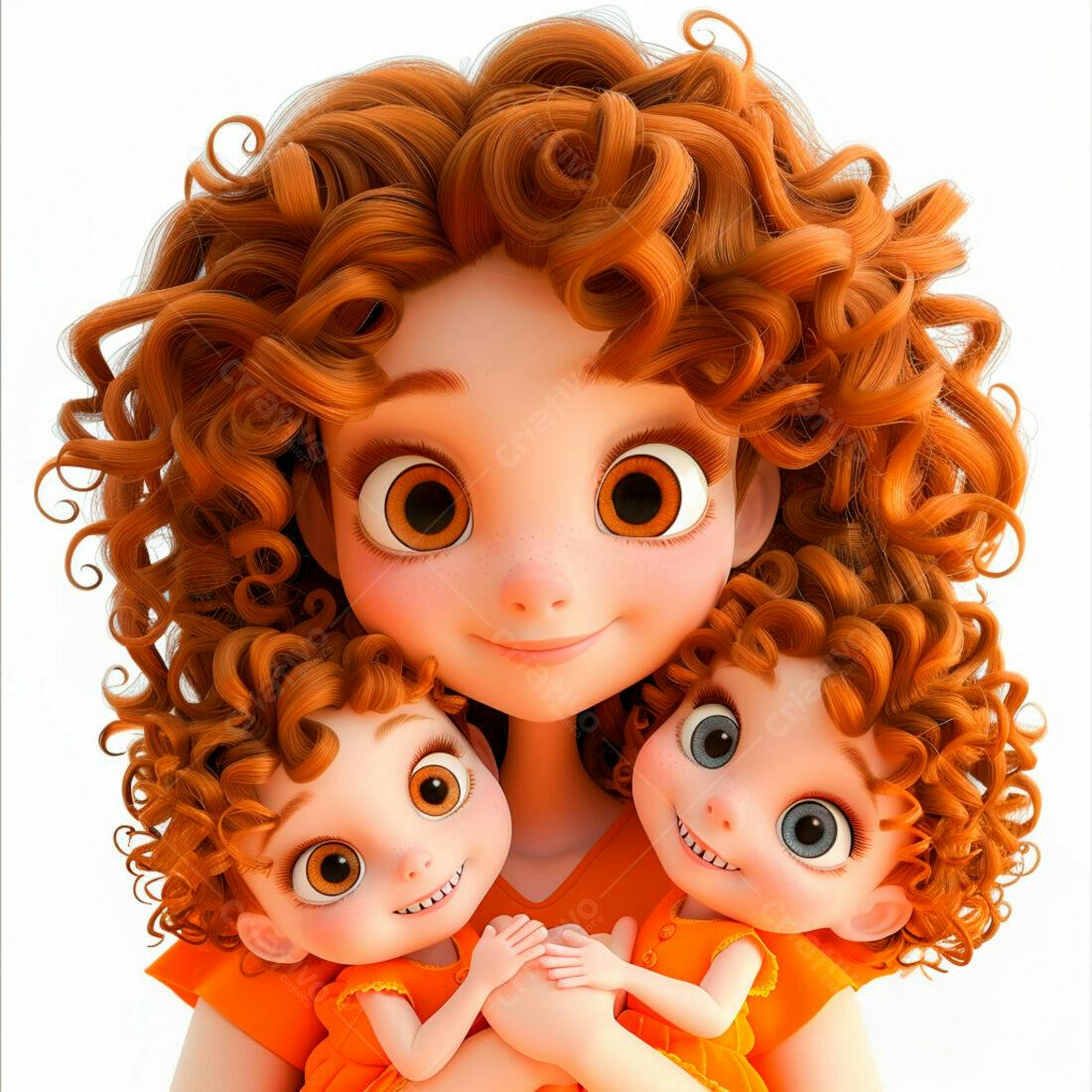 Mãe e gêmeas felizes em laranja