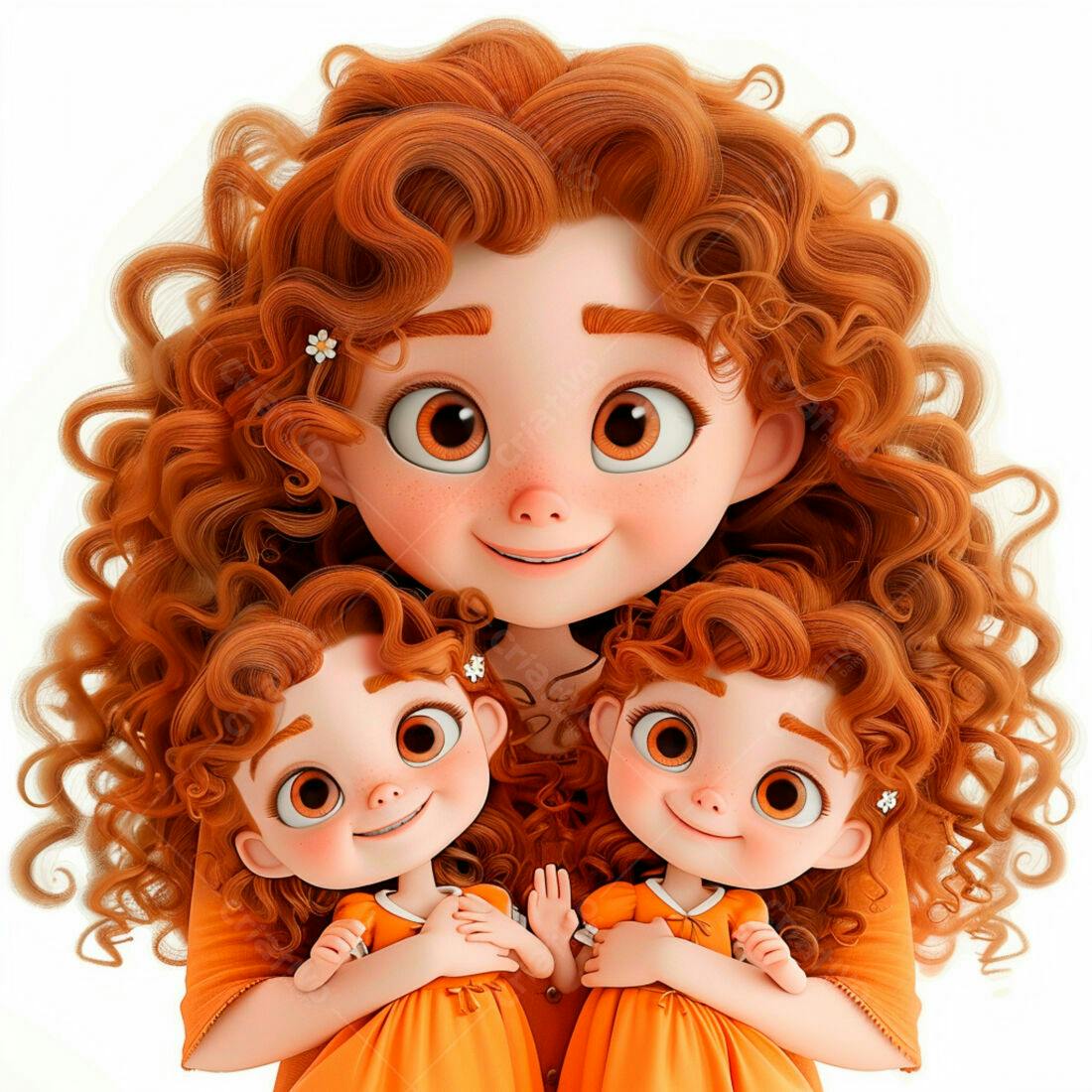 Mãe e gêmeas ruivas em ilustração 3D