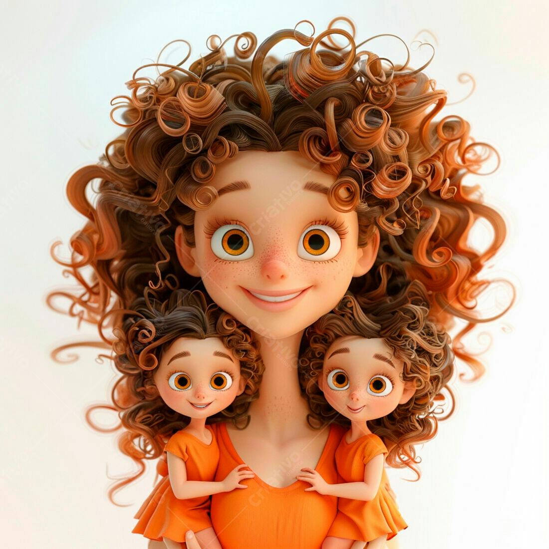 Mãe e filhas gêmeas em estilo cartoon