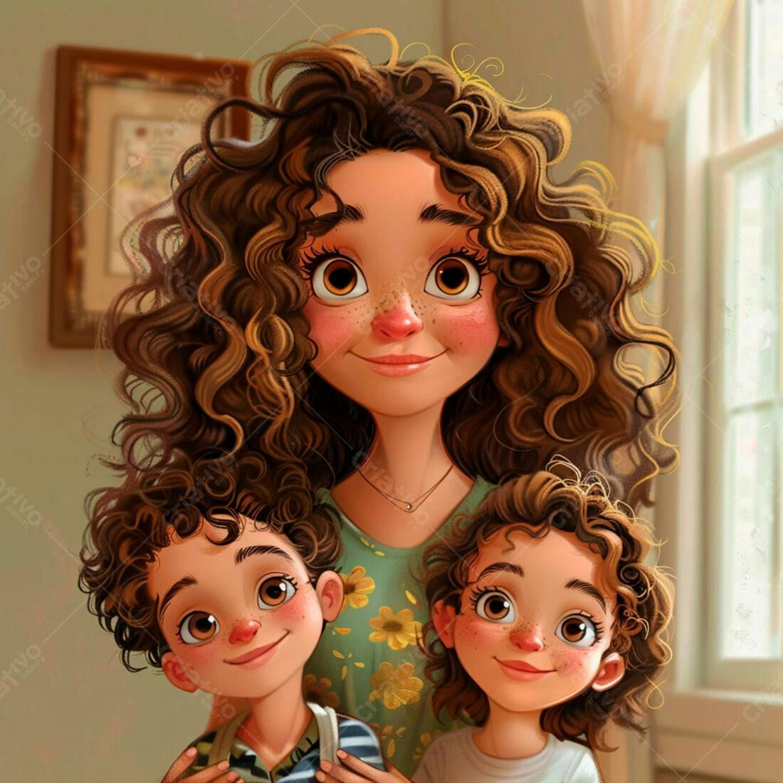 Mãe e filhos sorrindo em desenho animado