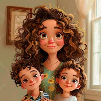 3D De Uma Mãe Abraçando Seus Filhos 14