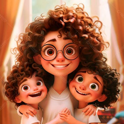 3D De Uma Mãe Abraçando Seus Filhos 15