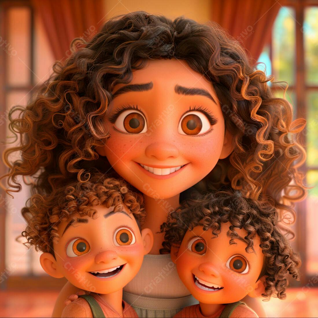 Mãe e filhos sorrindo retrato animado