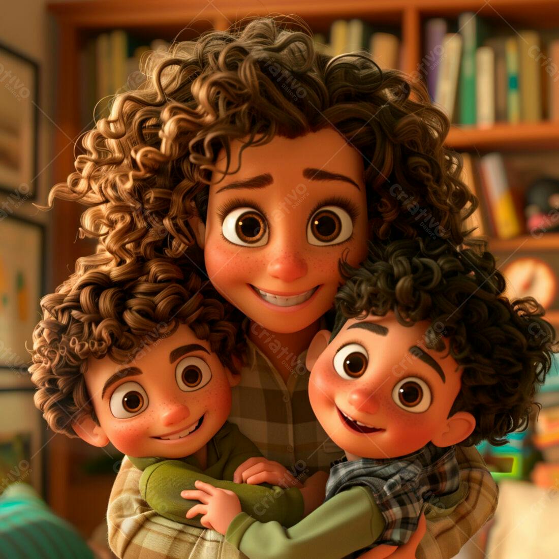 Mãe e filhos abraçados sorrindo família desenho animado