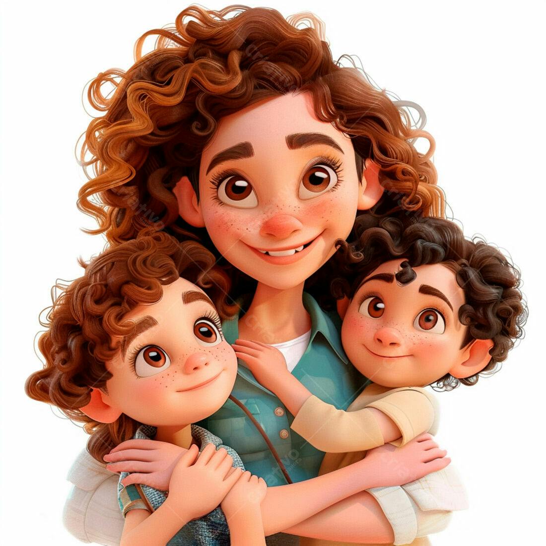Mãe e filhos abraçados desenho animado
